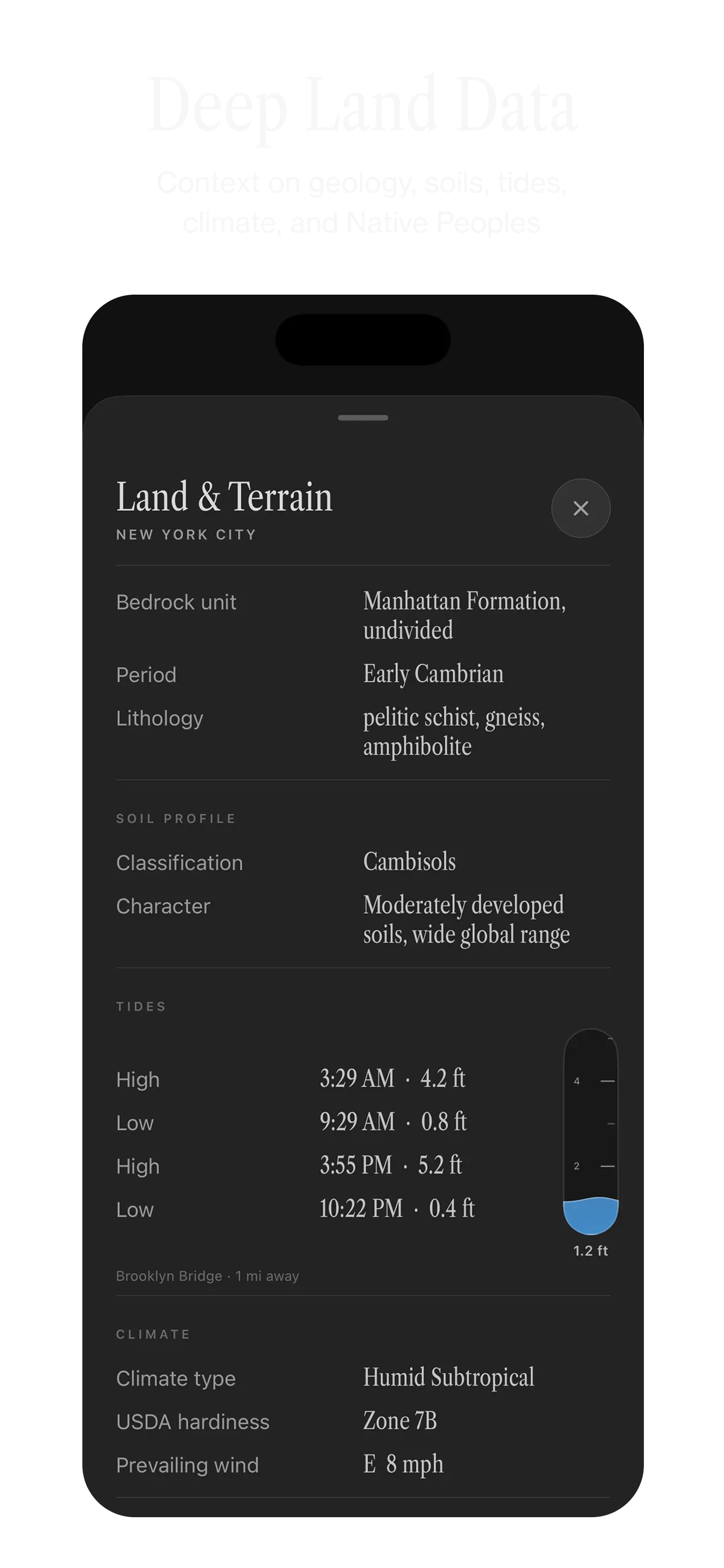 Ambient Almanac app screen: Deep Land Data. Context on geology, soils, tides, climate, and Native Peoples